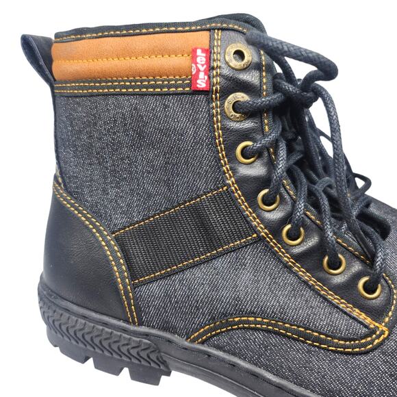 Levis Boots Mens 10 Blue Denim Artesia Hiking Ankle Mid Calf Black Leather Tie - Picture 8 of 12